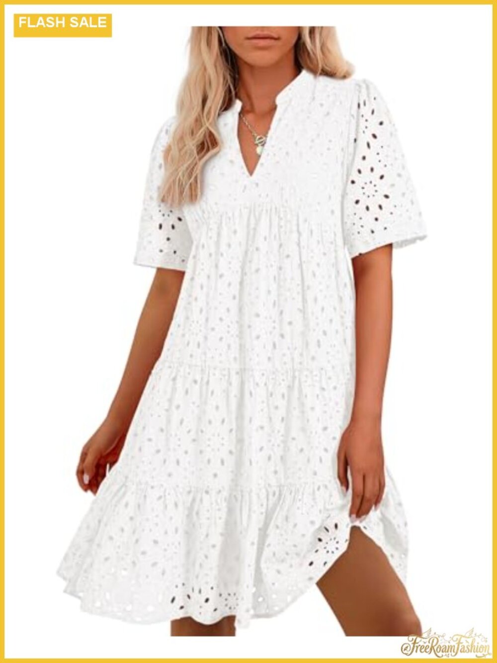 Boho Eyelet Mini Summer Dress Women V-Neck Short Sleeve Flowy A-Line